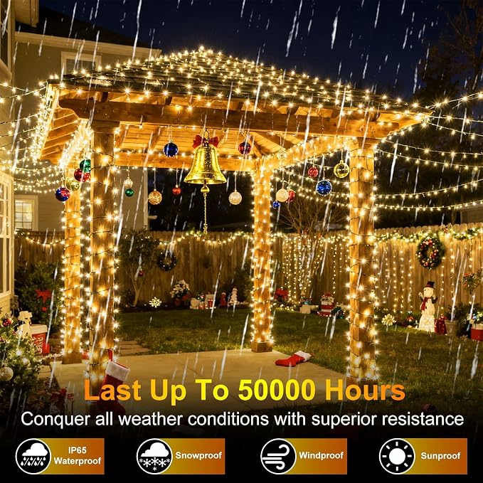 340 LED 90FT Christmas String Lights Outdoor, 12 Pro Modes and Timer Memory & Brightness, Plug in Outdoor Waterproof Clear Wire Twinkle Light for for Xmas Yard Tree Wedding Party Decor (Warm White)