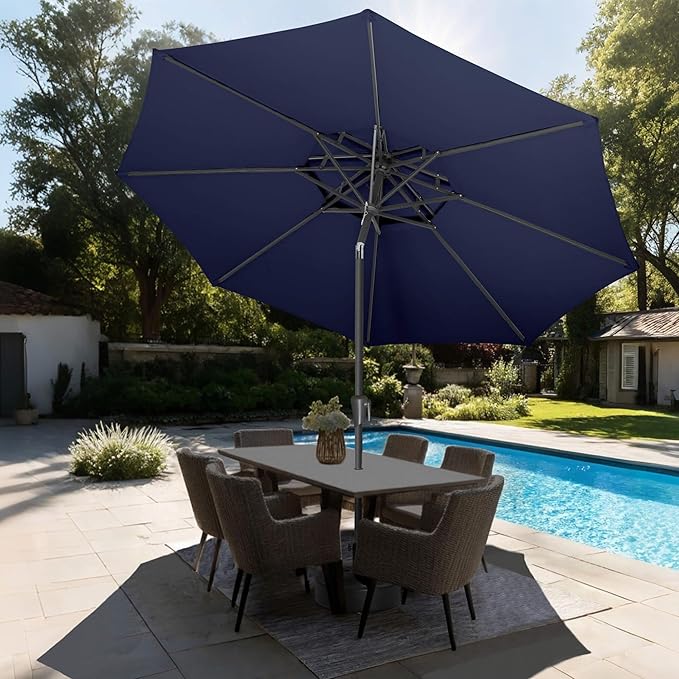 9FT Outdoor Patio Umbrella - 2 Tiers Table Umbrella Waterproof UV Protection, Sombrillas de Patio with Push Button Tilt, Sun Umbrella for Pool, Porch, Garden, Backyard (Navy Blue)