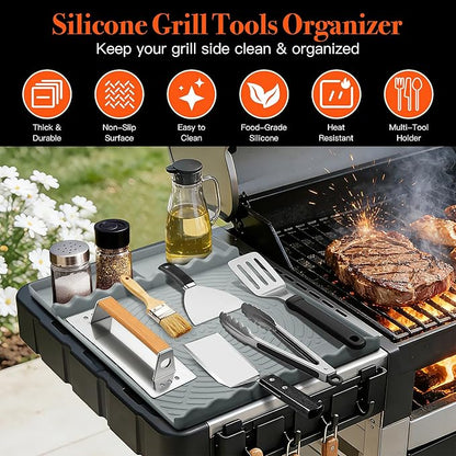 Silicone Grill Mat for Blackstone - BBQ Griddle Tools Side Mat with Drip Pad, Griddle Tools Mat for Outdoor Kitchen Countertop, BBQ Grill Accessories Gifts for Men (Gray-2Pack)