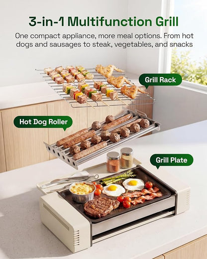 HBN Indoor Grill and Electric Griddle, 3-in-1 Smokeless Indoor Grill with Grill Rack & Nonstick Griddle & Sausage Grill Korean BBQ grill for Kitchen, Dishwasher Safe, 400F (Beige)