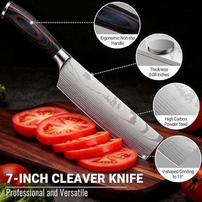 Nakiri Knife 7 Inch Sharp Meat Cleaver and Vegetable Kitchen Knife Damascus Asian Chef Knife for Home and Kitchen with Ergonomic Handle High Carbon Stainless Steel knife Chef Cooking Gift