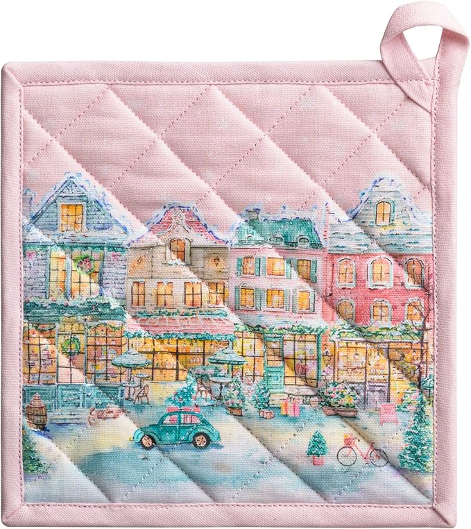 Maison d' Hermine Pot Holders 100% Cotton Potholders (8" x 8", Pack of 1) | Heat Resistant Hot Pads with Loop BBQ Cooking Kitchen Handling Hot Pans Thanksgiving Christmas - Christmas Market - Pink