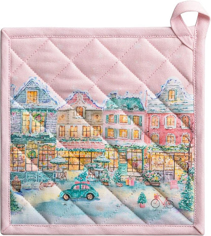 Maison d' Hermine Pot Holders 100% Cotton Potholders (8" x 8", Pack of 1) | Heat Resistant Hot Pads with Loop BBQ Cooking Kitchen Handling Hot Pans Thanksgiving Christmas - Christmas Market - Pink