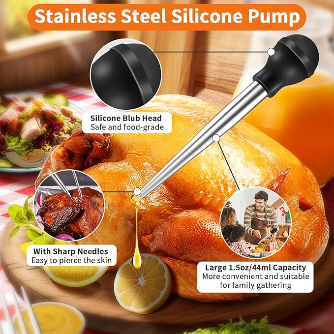 Stainless Steel Turkey Baster, Turkey Basters for Cooking, Turkey Baster Sets -Syringe, 2 Detachable Marinade Injector Needles, Cook and Cleaning Brush, for Flavor Meat Poultry, Beef & Chicken Cooking
