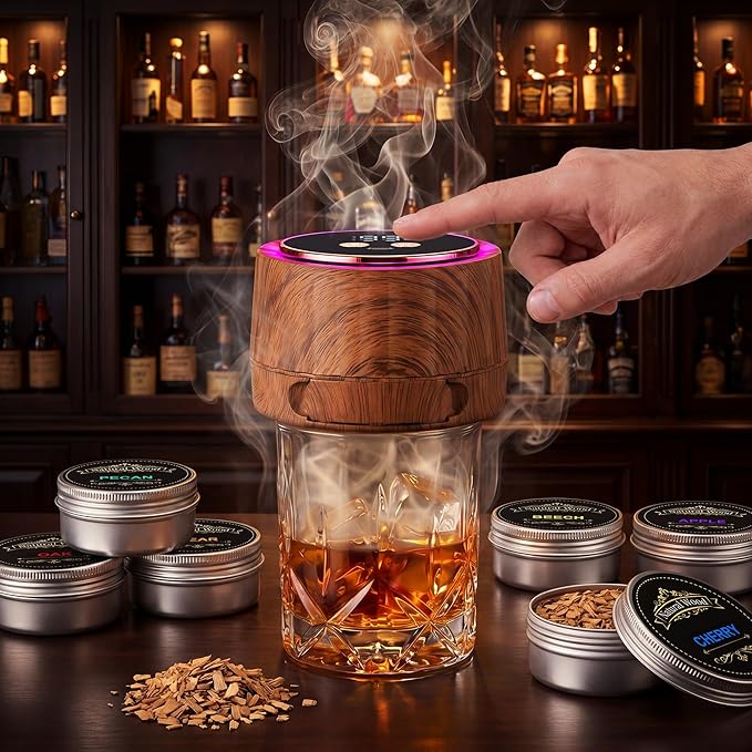 Electric Whiskey Smoker Kit - Rechargeable Cocktail Smoker with 6 Wood Chip Flavors - Smoke Infuser for Old Fashioned & Bourbon Cocktails - No Butane Needed - Father’s Day Gift for Men (Rich Oak)