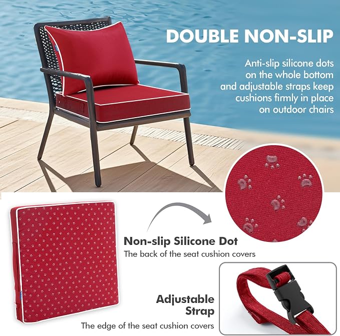 MIULEE Red Outdoor Seat Cushion 22x22 Inch Waterproof Cushion | Deep Seat and Back Cushion for Patio Furniture Chair Sofa Couch, Fade Resistant, Handle and Adjustable Straps