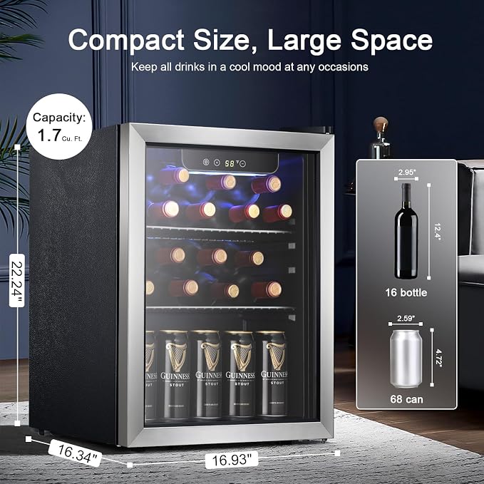Antarctic Star 68 Can Beverage Refrigerator,Mini Fridge with with Stainless Steel Glass Door, Digital Temperature Display,Electronic Temperature Control, 1.7Cu.ft Silver