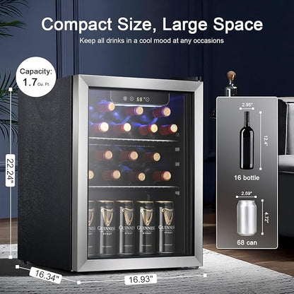 Antarctic Star 68 Can Beverage Refrigerator,Mini Fridge with with Stainless Steel Glass Door, Digital Temperature Display,Electronic Temperature Control, 1.7Cu.ft Silver