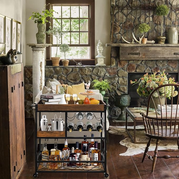 Bar Cart Industrial Mobile Kitchen Serving Carts for Home 3 Tier Storage Trolley with Wine Rack Glasses Holder Two Portable Trays Universal Casters with Brakes Rustic Rolling Cart for Indoor Outdoor
