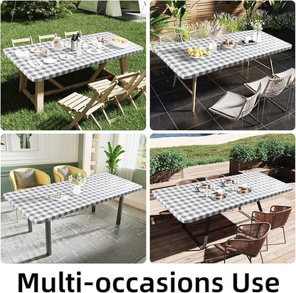 Smiry Rectangle Picnic Table Cloth, Elastic Waterproof Fitted Vinyl Tablecloths, Flannel Backed Buffalo Plaid Table Covers for Dining, Camping, Outdoor (White and Grey, 36" x 96")