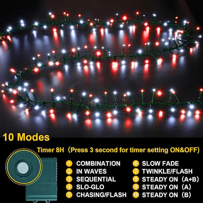 500 LED String Lights Outdoor, 16 Modes Plug in Twinkle Fairy Lights for Bedroom, 46ft 500LED Christmas Lights Cluster Lights Outdoor Waterproof Red&White Bulb