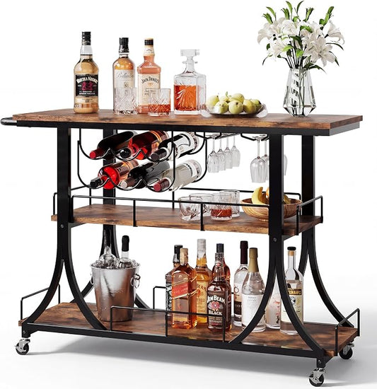 PETKABOO 3-Tier Rustic Wooden Bar Cart with Wheels, Farmhouse Style Solid Wood Rolling Serving Cart with Wine Rack for Home Bar, Heavy Duty Mobile Liquor Trolley for Kitchen Living Room