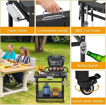 Universal Grill Stand for Ninja Woodfire Outdoor Grills,Portable Foldable Grill Cart Table for XSKUNSTAND OG700 OG800 OG900 OO101 SER Smoker Pizza Oven Accessories with 4 Wheels & Cover