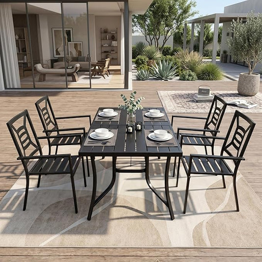 5 Piece Outdoor Patio Dining Sets, 60" Rectangular Metal Dining Table with Umbrella Hole & 4 Stackable Metal Chairs, Weather Resistant Garden Furniture Set for Backyard, Deck, Porch