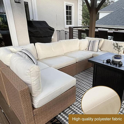 14 Piece Outdoor Patio Cushion Cover Replacement, Waterproof Patio Cushion Covers, Outdoor Furniture Cushion Covers Set for 6 Seat Wicker Rattan Sofa (Off-White)