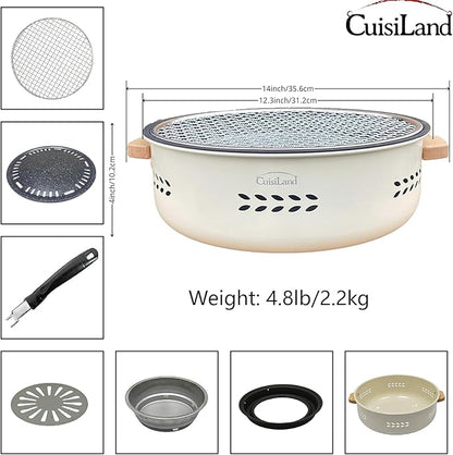 Cuisiland Mini Charcoal Grill, Portable Barbecue - Multipurpose Small Charcoal Grill Stove for Indoor and Outdoor Cooking, Camping, Hiking, Picnics - BBQ Tool Kit with Baking Tray (White)
