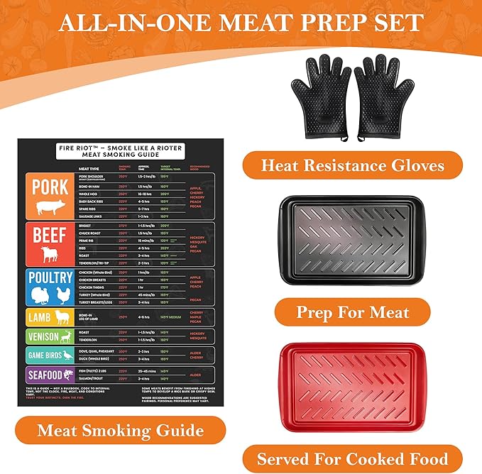 FIRE RIOT Grilling Prep & Serve Trays Set, BBQ Trays for Marinating Raw & Cooked Food with Heat Resistant Silicone Gloves & Meat Smoking Guide, Dishwasher Safe