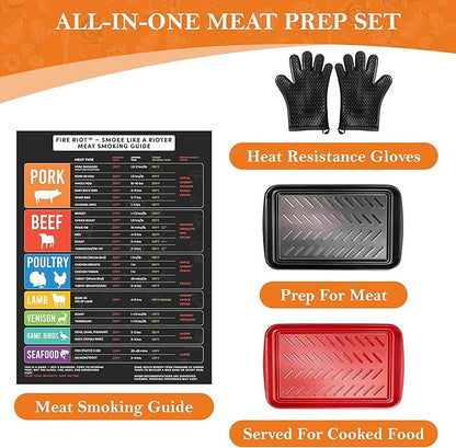 FIRE RIOT Grilling Prep & Serve Trays Set, BBQ Trays for Marinating Raw & Cooked Food with Heat Resistant Silicone Gloves & Meat Smoking Guide, Dishwasher Safe
