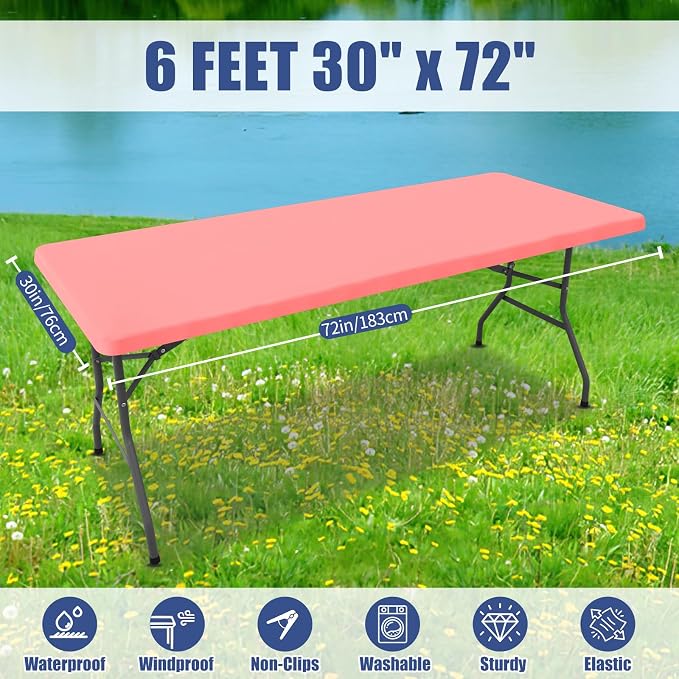 Moosfor Spandex 6 Foot Rectangle Table Cloth, Elastic Fitted Tablecloths for Picnic, Stretch Washable Patio Table Cover for Outdoor, Camping, Banquet and Parties (Coral Red, 30"x72")