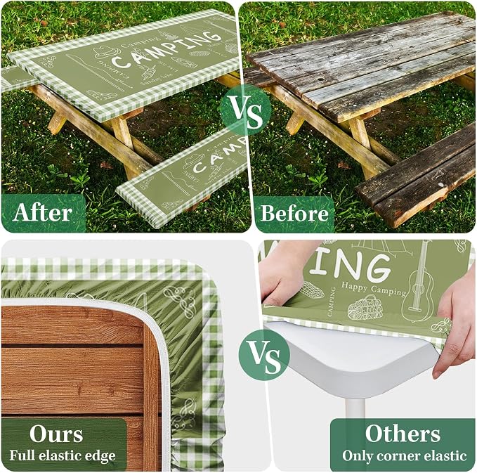 Picnic Table Cover with Bench Covers Elastic Edges, Green Camper Fitted Table Cover, Outdoor Patio Camping Essentials 72 Inch 3PCS, Waterproof Camping Fitted Tablecloth with Drawstring Bag