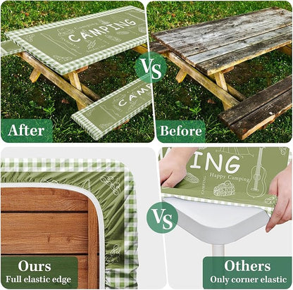 Picnic Table Cover with Bench Covers Elastic Edges, Green Camper Fitted Table Cover, Outdoor Patio Camping Essentials 72 Inch 3PCS, Waterproof Camping Fitted Tablecloth with Drawstring Bag