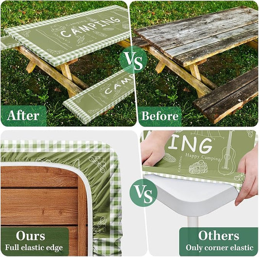 Picnic Table Cover with Bench Covers Elastic Edges, Green Camper Fitted Table Cover, Outdoor Patio Camping Essentials 72 Inch 3PCS, Waterproof Camping Fitted Tablecloth with Drawstring Bag
