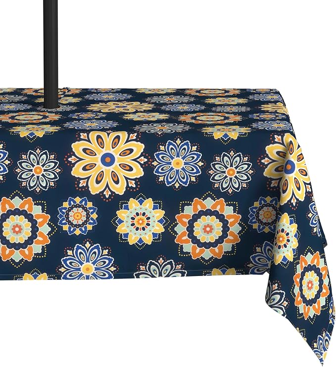 LVTXIII Rectangle Outdoor Tablecloth with Umbrella Hole and Zipper, Water-Repellent 60 x 84 Inch Patio Table Cover for Picnic, Garden, Backyard Dining, Bloom Cobalt