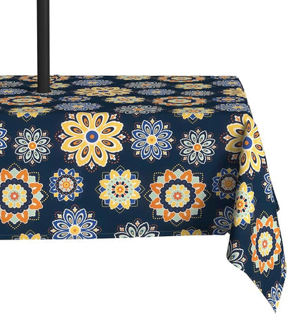 LVTXIII Rectangle Outdoor Tablecloth with Umbrella Hole and Zipper, Water-Repellent 60 x 84 Inch Patio Table Cover for Picnic, Garden, Backyard Dining, Bloom Cobalt