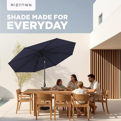 Midtown Umbrellas - 10-Year-No-Fade 8 Ft Patio Umbrella with Terylast Fabric, Auto-Tilt Aluminum Frame and 8 Reinforced Ribs for Deck, Pool, Garden & Beach - Navy Blue Canopy, Black Pole