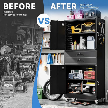 Metal Garage Storage Cabinet with 2 Drawers, 71'' Tall Lockable Storage Cabinet with Adjustable Shelves, Rolling Tool Cabinet on Wheels for Garage, Utility Room (Black)