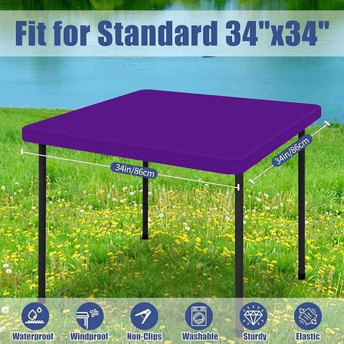 Moosfor Spandex Square Table Cloth, Elastic Fitted Tablecloths for Picnic, Stretch Washable Patio Table Cover for Outdoor, Camping, Banquet and Parties (Purple, 34"x34")