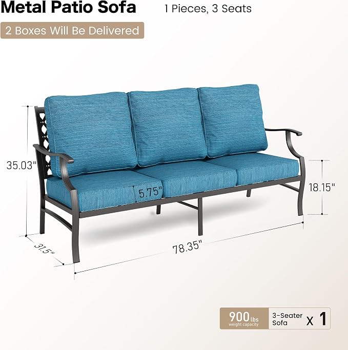 SUNSHINE VALLEY Metal Patio Furniture Sofa with 5.75" Extra Thick Waterproof Cushion, 3-Seater Deep Seating & High-Back Outdoor Couch All Weather Outdoor Seating for Backyard Deck Front Porch, Blue-2
