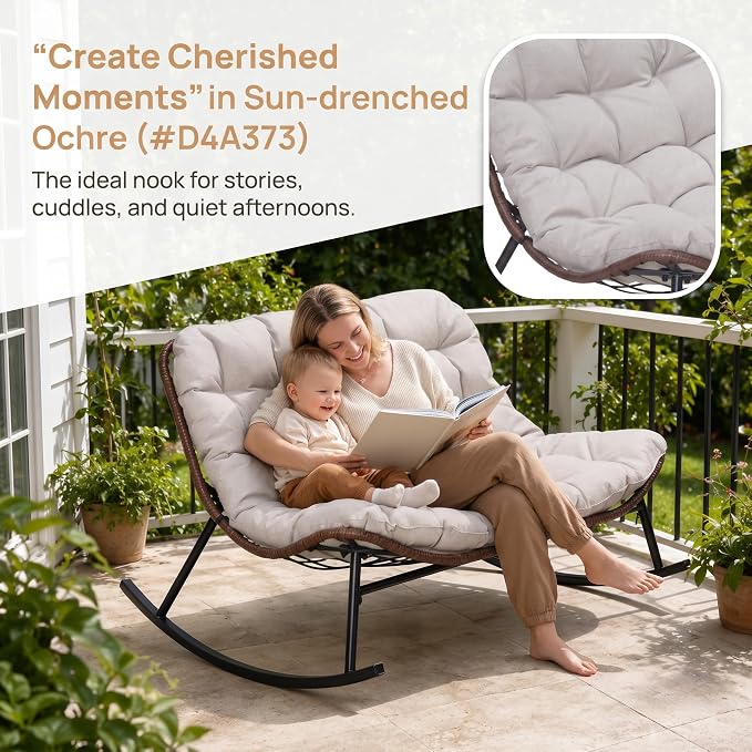 Rocking Papasan Chair, Double Wide Outdoor Lounge Chair, Beige | Double Wide Design with Plush Cushions, Sturdy Rattan Frame and Gentle Rocking Comfort for Patios, Gardens and Balconies