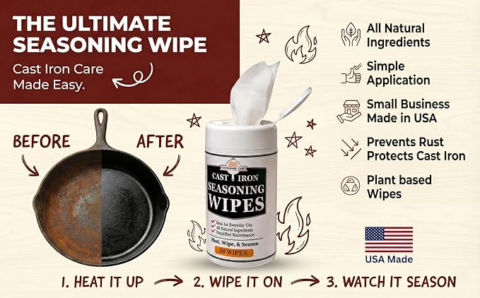 Cookware Care Cast Iron Seasoning & Cleaning Oil Wipes – Seasons, Cleans & Conditions Cast Iron Skillet, Carbon Steel & Blackstone Griddle | 50 Wipes, Made in USA with Grapeseed Oil (1 Pack)