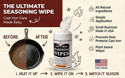 Cookware Care Cast Iron Seasoning & Cleaning Oil Wipes – Seasons, Cleans & Conditions Cast Iron Skillet, Carbon Steel & Blackstone Griddle | 50 Wipes, Made in USA with Grapeseed Oil (1 Pack)