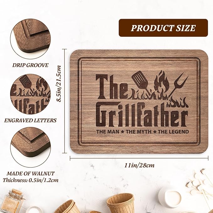 Fathers Day Birthday Gift for Dad, The Grillfather Walnut Wood Cutting Board, Dads Gift from Daughter Son, Cool Kitchen Gifts for BBQ, Grill Masters, Best Dad Board Present for Dads, Father, Daddy