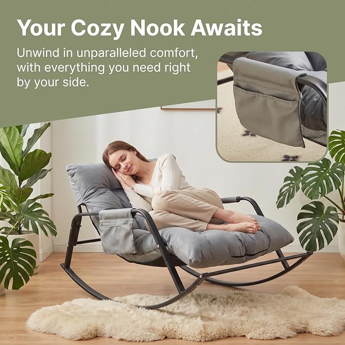 Rocking Papasan Chair, Leather Upholstered Lounge Chair, Gray | Extra-Wide Rocking Chair with Technical Leather Upholstery, Sturdy Frame and Smooth Glide for Indoor / Outdoor Scenes