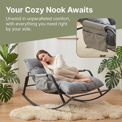 Rocking Papasan Chair, Leather Upholstered Lounge Chair, Gray | Extra-Wide Rocking Chair with Technical Leather Upholstery, Sturdy Frame and Smooth Glide for Indoor / Outdoor Scenes