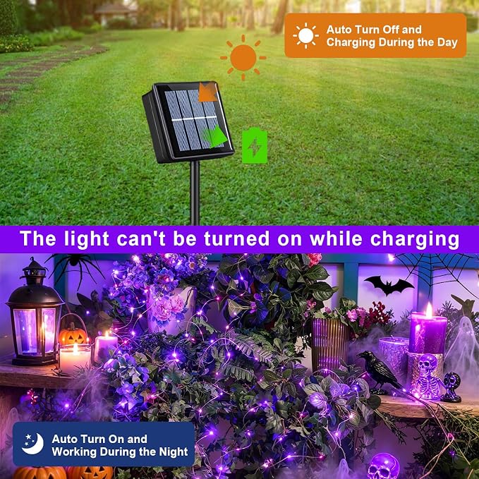QITONG Solar Fairy Lights Outdoor Waterproof, 2 Pack Each 66ft 200 LED Purple Halloween String Lights, Silver Wire Christmas Twinkle Mini Lights with 8 Modes