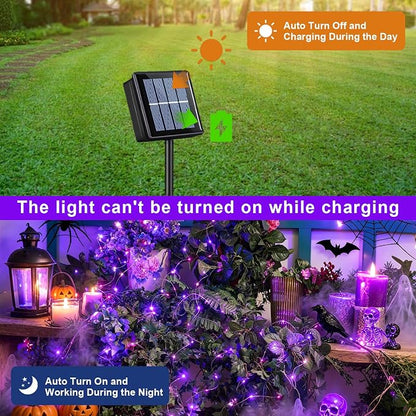 QITONG Solar Fairy Lights Outdoor Waterproof, 2 Pack Each 66ft 200 LED Purple Halloween String Lights, Silver Wire Christmas Twinkle Mini Lights with 8 Modes