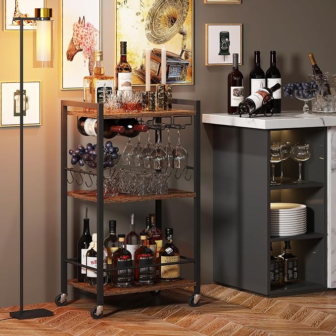 TUTOTAK Bar Cart with Wheels, Mini Drink Cart with Wine Rack & Glass Holder | 3-Tier 17 Inch Wide Home Bar Serving Carts, Small Mobile Kitchen Shelf with 6 Hooks, Rustic Brown BC01BB035