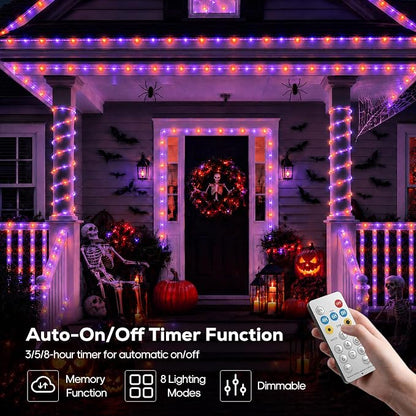 Halloween Decoration Solar Rope Lights 66FT 200LED 1800mAh -Purple & Orange | Type C & Solar, With Remote, Waterproof, Timing, 8 Modes, for Halloween Party Autumn Christmas Decoration