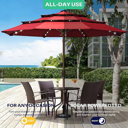 EliteShade USA 10-Year-Non-Fading 10ft 3-Tier Market Patio Umbrella, Commercial Table Umbrella with 80 Solar LED Lights, Crank Open, Windproof & UPF 50+ UV Protection for Garden, Deck, Pool, Backyard, No Tilt, Logo Red