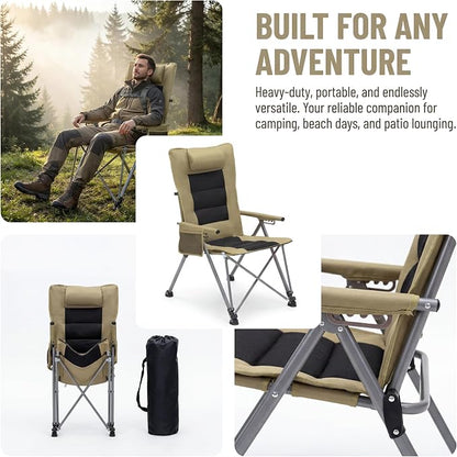 Adjustable Folding Beach Chair, Portable Camping Chair for Adults with Backrest, Reclining Outdoor Chair with Cup Holder & Pocket, Foldable Low Beach Chair for Camping, Picnic, Khaki