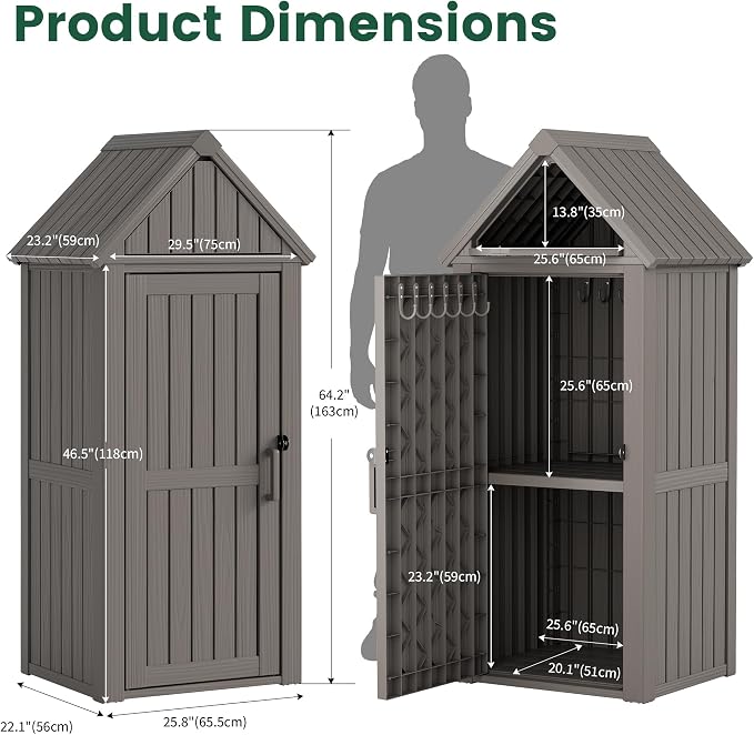 Bifanuo Deck Box Storage Shed Outdoor Storage Cabinet, Vertical Waterproof Resin Material Plastic Shed with Removable Shelves, 12 Hooks and Lock Ring for Garden, Pool and Patio (Grey)
