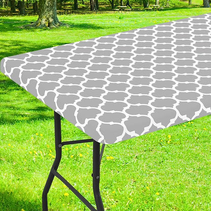 Smiry Picnic Fitted Table Cover, 6 Foot Flannel Backed Vinyl Tablecloth | Waterproof Elastic Stretch Table Cloth, Wipeable Plastic Tablecloth for Camping, Indoor & Outdoor (Light Grey, 30" x 72")
