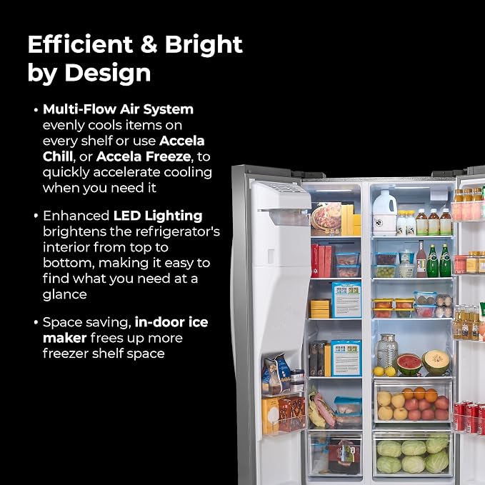 Kenmore 29 cu. ft. 36" Wide Side-by-Side Refrigerator - FPR Stainless Steel | Space Saving Ice & Water Dispenser, Accela Chill, Accela Freeze, Adjustable Glass Shelving, Fingerprint Resistant SS