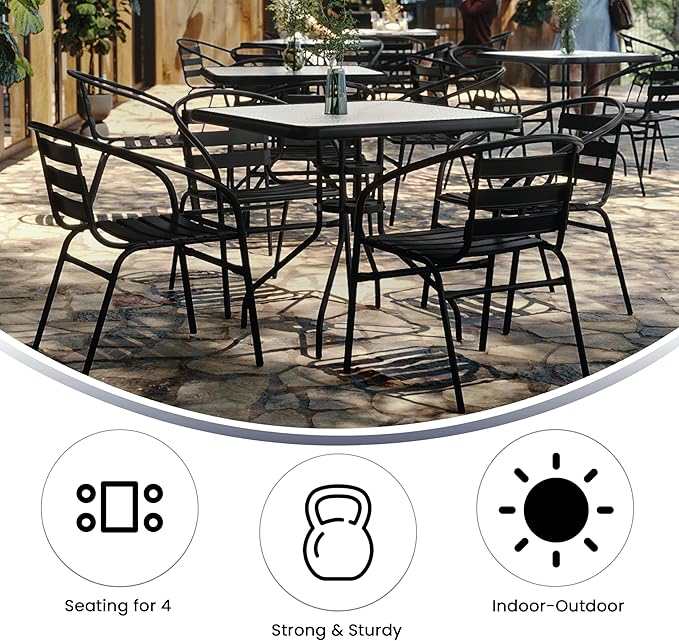 Flash Furniture 5-Piece Patio Dining Set with 31.5" Square Glass Metal Table and 4 Stackable Slat Back Chairs, Indoor/Outdoor Bistro Set, Black