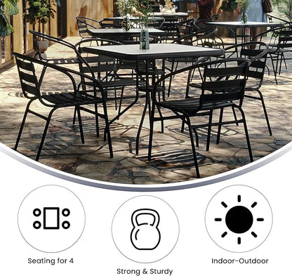 Flash Furniture 5-Piece Patio Dining Set with 31.5" Square Glass Metal Table and 4 Stackable Slat Back Chairs, Indoor/Outdoor Bistro Set, Black