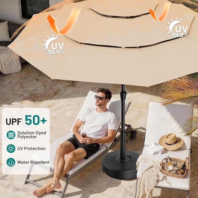 AreShark 9ft 3-Tier Patio Umbrellas, Outdoor Umbrella with 8 Sturdy Ribs UV Protection Windproof, Market Table Umbrella w/Push Button Tilt & Crank for Pool, Porch, Deck, Garden(Beige)
